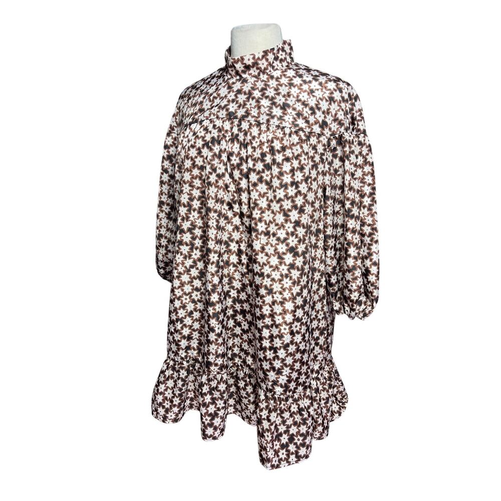 ANTHROPOLOGIE Women’s Brown Abstract Star Print Puff Sleeve Mini Dress - Picture 7 of 8